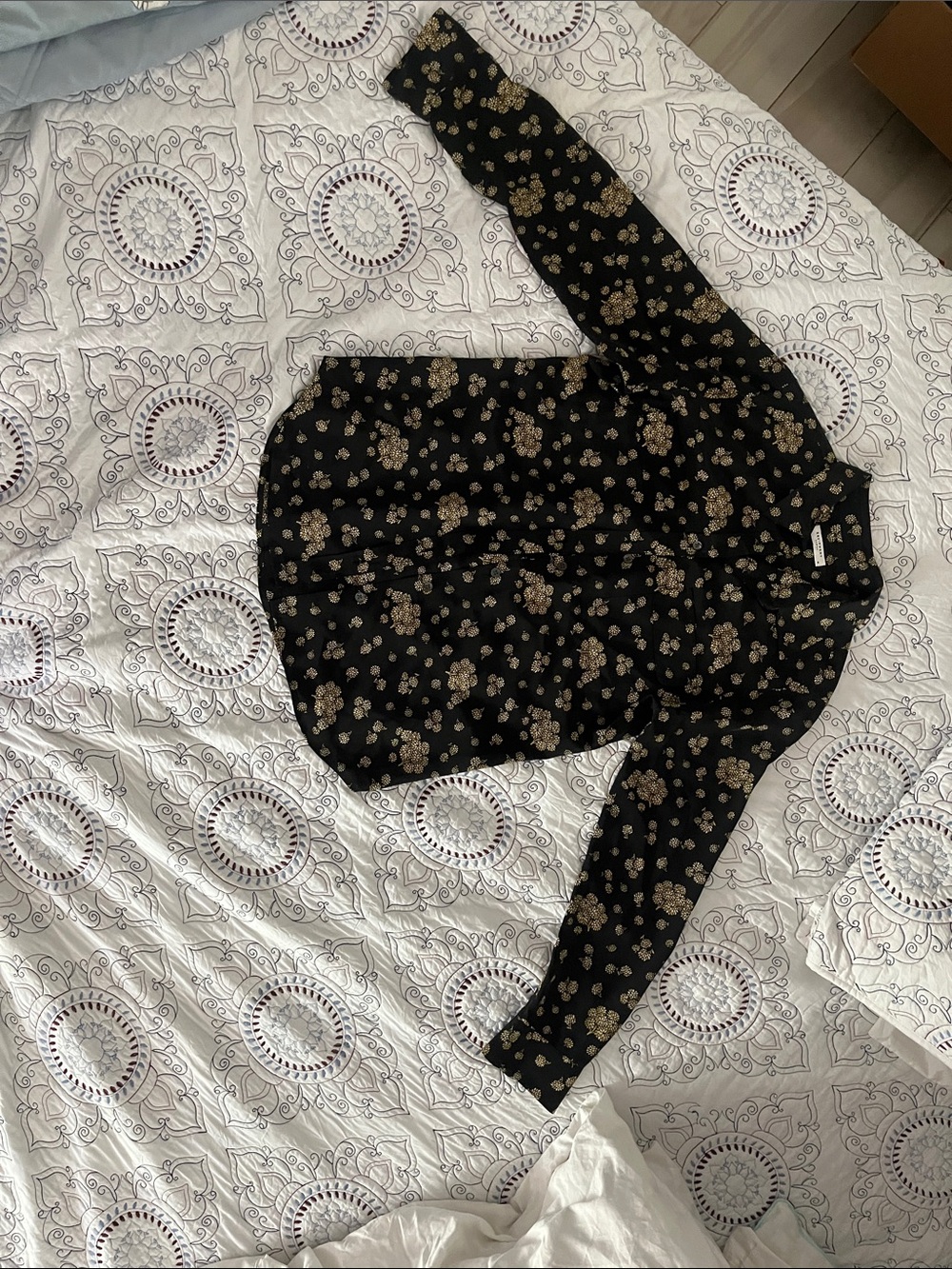 Black Floral Button-Up Blouse with Gold-Tone Flowers